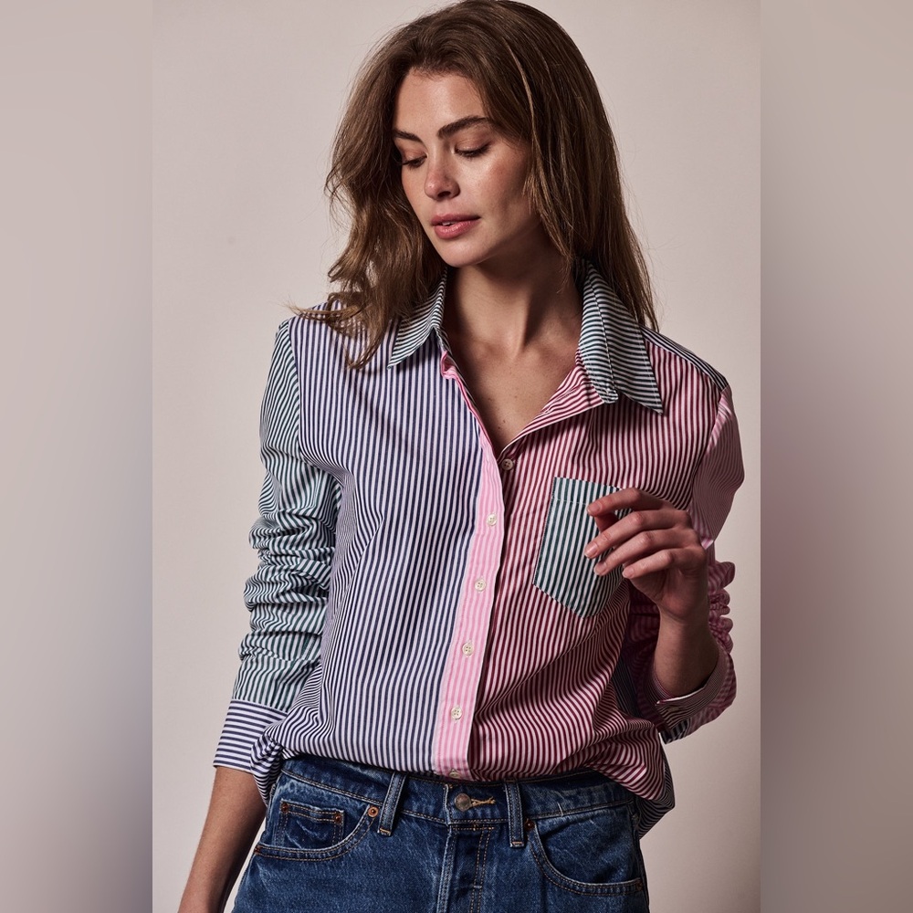 NWOT Rochelle Behrens The Shirt BOYFRIEND STRIPE multicolor forest size medium